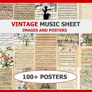 Pode incluir: Uma coleção de imagens e cartazes de partituras musicais vintage. A imagem apresenta uma variedade de partituras musicais, ilustrações e elementos decorativos. O texto na imagem diz "VINTAGE MUSIC SHEET IMAGES AND POSTERS" e "100+ POSTERS".
