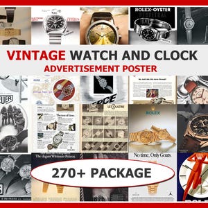 Samling av reklamaffischer med vintageur och klockor | Vintage-affischer, skräpjournal, scrapbooking | Väggkonst, affischer, utskrivbara, nedladdningsbara
