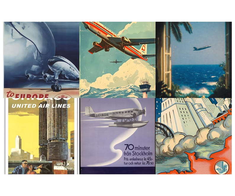 Peut inclure: Plusieurs affiches de voyage vintage repr&eacute;sentant des avions et des destinations. Les affiches pr&eacute;sentent divers mod&egrave;les d'avions, y compris des avions &agrave; h&eacute;lices et des jets, avec des couleurs vives et des illustrations stylis&eacute;es. Une affiche indique "To Europe United Air Lines."