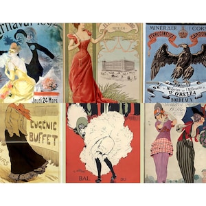 May include: A collection of six vintage advertising posters. The posters feature illustrations of women in elegant attire, a carnival scene, and an eagle. The color palette includes red, blue, yellow, and black, with text in French and Spanish.