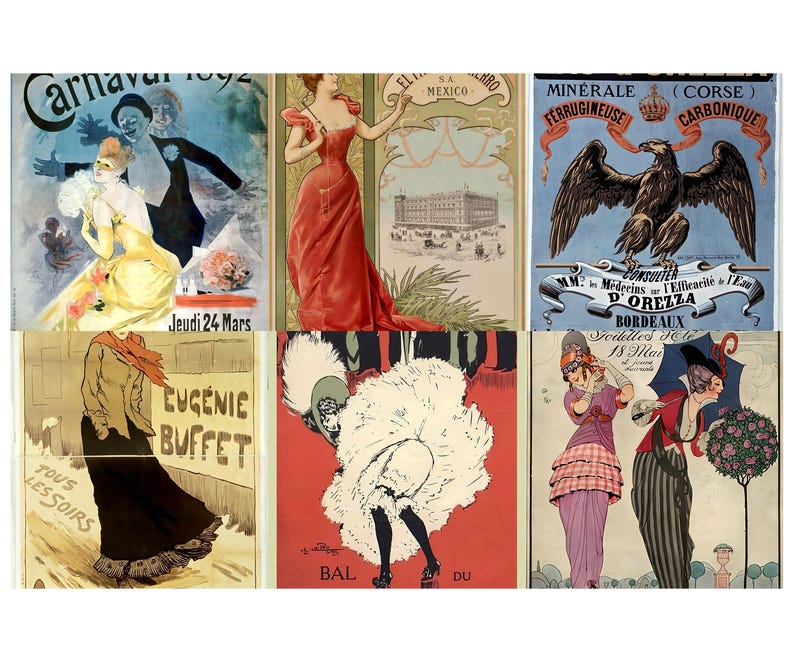 May include: A collection of six vintage advertising posters. The posters feature illustrations of women in elegant attire, a carnival scene, and an eagle. The color palette includes red, blue, yellow, and black, with text in French and Spanish.