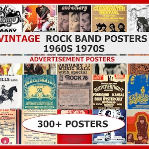 以下が含まれることがあります： 1960年代と1970年代のヴィンテージロックバンドポスターのコレクション。ポスターには、さまざまなバンドやコンサートの広告が掲載されており、「Vintage Rock Band Posters 1960s 1970s」と「300+ Posters」というテキストが表示されています。