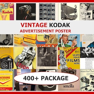 Puede incluir: Un collage de carteles publicitarios vintage de Kodak. Los carteles presentan cámaras, cajas de películas e imágenes retro. El texto incluye "VINTAGE KODAK ADVERTISEMENT POSTER" y "400+ PACKAGE". La paleta de colores incluye rojo, amarillo y negro.