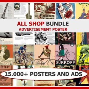 May include: A collage of retro advertisement posters, featuring guitars, a horse race, and a Lucky Strike cigarette packet. The text reads "ALL SHOP BUNDLE ADVERTISEMENT POSTER" and "15.000+ POSTERS AND ADS."