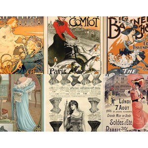 May include: A collage of vintage advertisements and illustrations. The images include Art Nouveau posters, a corset advertisement, and a fashion illustration of a woman in a long blue dress. The color palette is dominated by warm tones.
