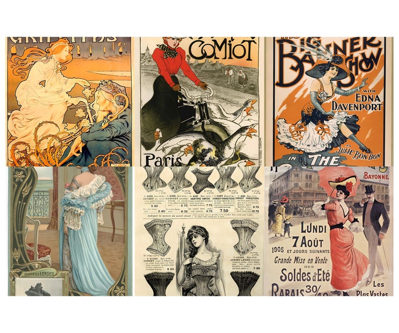 May include: A collage of vintage advertisements and illustrations. The images include Art Nouveau posters, a corset advertisement, and a fashion illustration of a woman in a long blue dress. The color palette is dominated by warm tones.