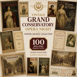 Op de afbeelding: Een digitale collectie van 100 vintage operaposters en programma's getiteld Grand Conservatory Opera Night. De set bevat diverse illustraties van artiesten en scènes uit opera's zoals La Traviata, Aida en Madama Butterfly.