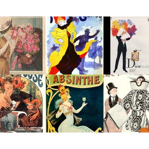 May include: A collage of vintage art prints featuring illustrations of women, flowers, and advertisements. The prints showcase a variety of styles, including Art Nouveau and Art Deco, with a focus on fashion and beauty.