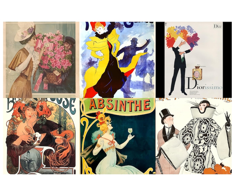 May include: A collage of vintage art prints featuring illustrations of women, flowers, and advertisements. The prints showcase a variety of styles, including Art Nouveau and Art Deco, with a focus on fashion and beauty.