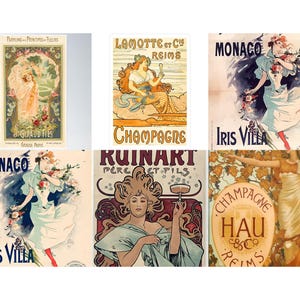 May include: A collection of vintage Art Nouveau advertisements. The posters feature elegant women, floral designs, and text promoting perfumes, champagne, and other products. The color palette includes soft pastels and gold.