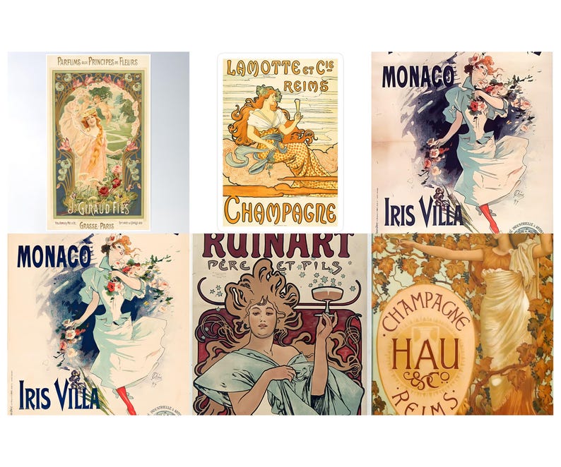 May include: A collection of vintage Art Nouveau advertisements. The posters feature elegant women, floral designs, and text promoting perfumes, champagne, and other products. The color palette includes soft pastels and gold.