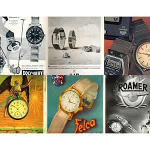 May include: A collage of vintage watch advertisements. The images showcase various watch designs, including a diver's watch, digital watches, and classic analog timepieces. Some ads feature illustrations and text, highlighting the watches' features and brands.