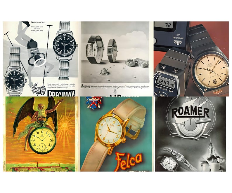 May include: A collage of vintage watch advertisements. The images showcase various watch designs, including a diver's watch, digital watches, and classic analog timepieces. Some ads feature illustrations and text, highlighting the watches' features and brands.