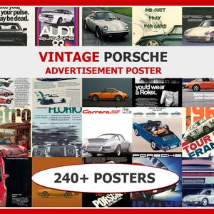 Pode incluir: Uma coleção de cartazes publicitários vintage da Porsche. Os cartazes apresentam vários modelos Porsche em diferentes cores e designs, com texto que inclui "VINTAGE PORSCHE ADVERTISEMENT POSTER" e "240+ POSTERS".