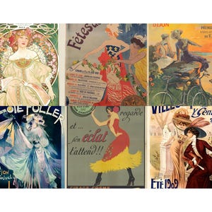 May include: A collection of six vintage art nouveau posters. The posters feature illustrations of women, advertisements, and event announcements. The color palette includes soft pastels, vibrant reds, and blues. The posters are in French and feature text.