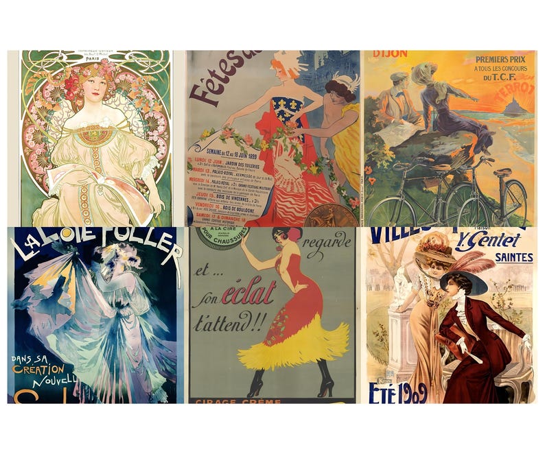 May include: A collection of six vintage art nouveau posters. The posters feature illustrations of women, advertisements, and event announcements. The color palette includes soft pastels, vibrant reds, and blues. The posters are in French and feature text.