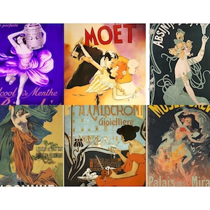 May include: A collection of six vintage Art Nouveau posters. The posters feature illustrations of women, advertisements for beverages, and jewelry. The color palette includes shades of purple, orange, green, and gold. Text includes "MOET", "ABSIN", and "Palais des Mirades".