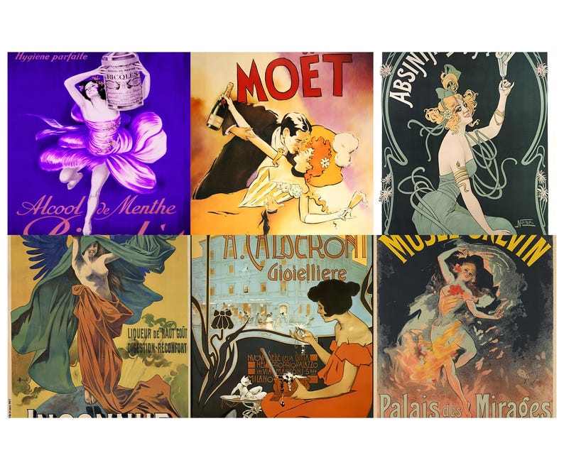 May include: A collection of six vintage Art Nouveau posters. The posters feature illustrations of women, advertisements for beverages, and jewelry. The color palette includes shades of purple, orange, green, and gold. Text includes "MOET", "ABSIN", and "Palais des Mirades".