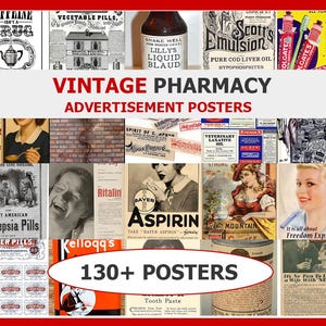 Peut inclure: Un collage d'affiches publicitaires de pharmacie vintage. Les affiches présentent divers produits, notamment des pilules, des huiles et du dentifrice. Le texte sur les affiches comprend des noms de produits, des noms de marques et des phrases promotionnelles. La palette de couleurs est un mélange de noir, blanc, rouge et jaune.