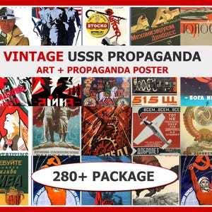 Op de afbeelding: Een verzameling vintage USSR propagandaposters. De posters tonen felle kleuren, opvallende beelden en tekst in het Russisch. De afbeelding bevat de tekst "VINTAGE USSR PROPAGANDA ART + PROPAGANDA POSTER" en "280+ PACKAGE".