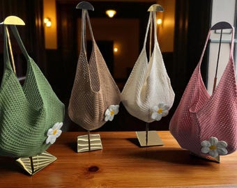 Handmade Crochet Mesh Shoulder Bag with Daisy Flower – Boho Chic Tote