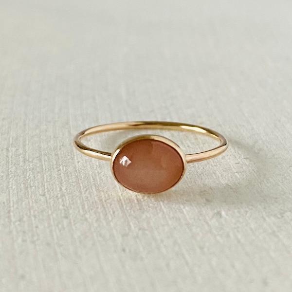 Peach moonstone ring, gold filled thin band, natural gemstone ring, stacking band.