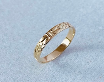 14k gold flower band, wedding band, solid gold ring, wide floral ring, stacking band, antique style jewelry.