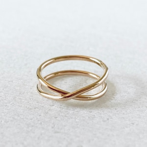 Gold X ring, double band, criss cross ring band, stacking ring in gold filled or sterling silver.