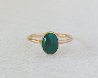 Malachite ring, gemstone ring band, gold ring, 14k ring, gift for her, stacking ring, oval stone, minimalist jewelry.