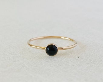 Dainty Black Onyx Ring, Gold Filled Stacking Ring