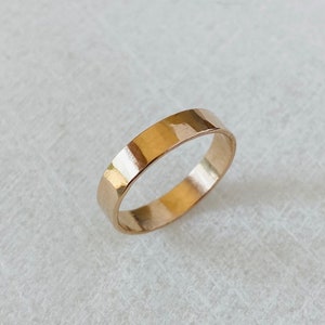 Wide gold ring, 4mm gold ring band, 14k gold filled, hammered ring, faceted ring, stackable ring, gold filled ring, minimalist jewelry.