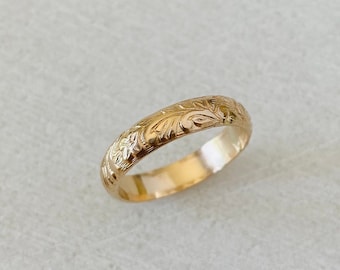 Gold ring, thick ring band, wide ring, flower ring, wedding band, Hawaiian ring, stacking band, minimal jewelry.