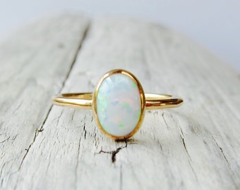 Opal ring, gold ring band, birthstone ring, birthday gift for her, 14k ring, man made white opal jewelry.