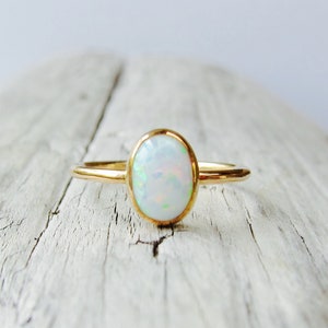 Opal ring, gold ring band, birthstone ring, birthday gift for her, 14k ring, man made white opal jewelry.