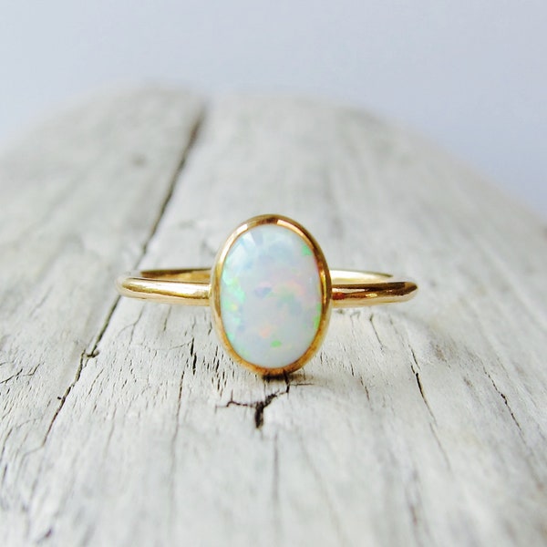 Opal ring, 14k gold filled band, gemstone ring, birthstone, silver band, solitaire, white opal.