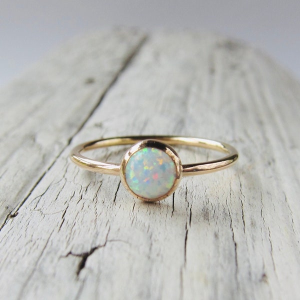 Opal ring, gold ring band, engagement, gift for her, October birthstone.