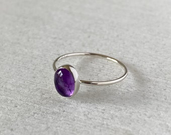 Amethyst ring, gemstone ring, February birthstone, oval stacking ring, thin ring band, solitaire ring.