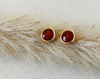 May include: A pair of gold-colored stud earrings with a round, reddish-brown stone. The earrings are set against a backdrop of dried, beige-colored ornamental grass, creating a natural and elegant aesthetic. The earrings are a simple, yet sophisticated jewelry item.