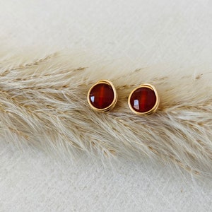 May include: A pair of gold-colored stud earrings with a round, reddish-brown stone. The earrings are set against a backdrop of dried, beige-colored ornamental grass, creating a natural and elegant aesthetic. The earrings are a simple, yet sophisticated jewelry item.