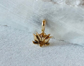 14k lotus pendant, solid gold charm, small flower pendant, gift for her, minimal jewelry.