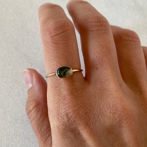 Moss agate ring, gold gemstone ring, oval stackable ring, gift for her, silver ring band, minimalist jewelry on sale.