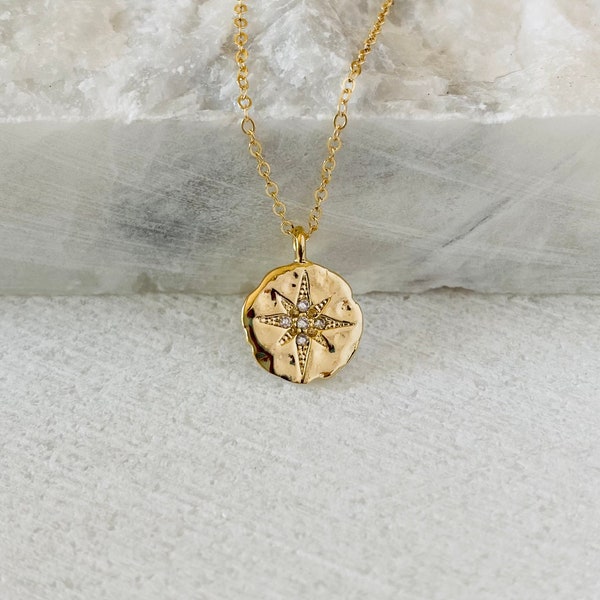 Gold starburst necklace, coin charm, round disk pendant, dot necklace, celestial jewelry, graduation gift.