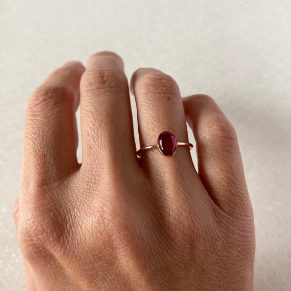 Ruby ring, gold ring band, birthstone ring, pink ruby, oval lab grown gemstone, birthday gift for her, minimalist jewelry.