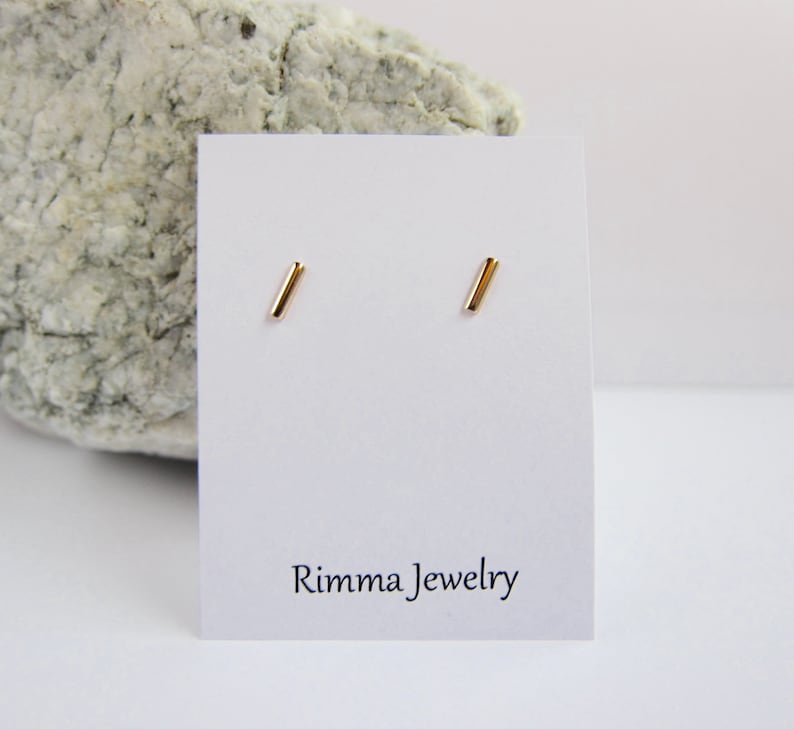 14k gold studs bar posts dash earings modern and dainty. Gold line earrings minimal