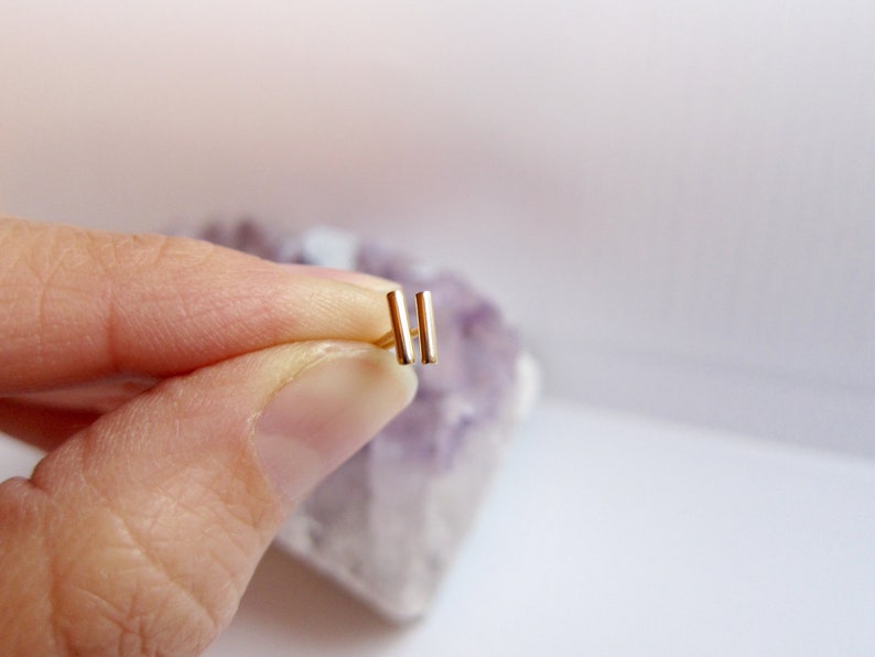 14k gold studs bar posts dash earings modern and dainty. Gold line earrings minimal