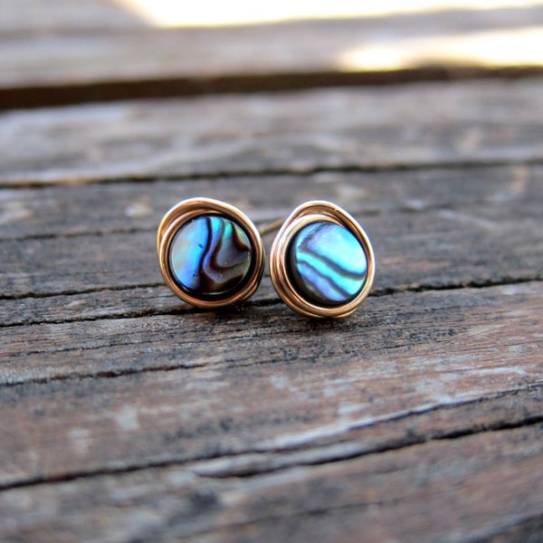 Abalone stud earrings. Paua shell posts, silver or gold. Bridesmaid earrings. Casual minimal exotic style.