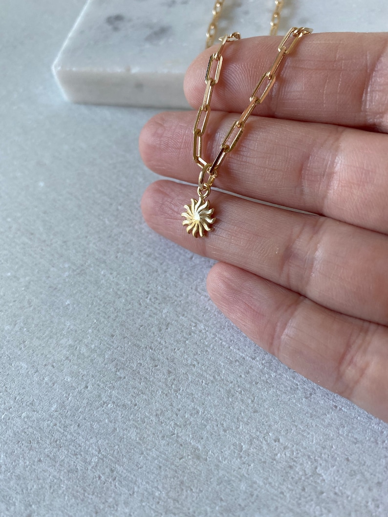 14k sun pendant, solid gold charm, sunshine, gift for girl, birthday, sunny, celestial jewelry. image 9