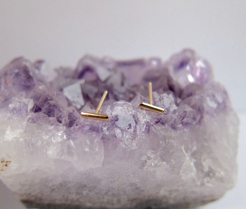 14k gold studs bar posts dash earings modern and dainty. Gold line earrings minimal