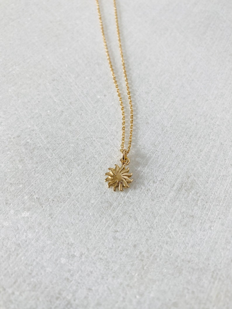 14k sun pendant, solid gold charm, sunshine, gift for girl, birthday, sunny, celestial jewelry. image 4