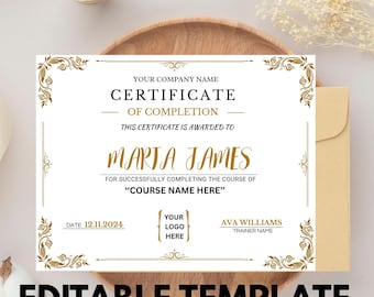 Certificate Of Completion Template, Printable Course Certificate Of Completion, Editable Canva Certificate, Training Course Certificate,